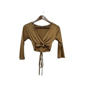 Vertiche Wrap Crop Top Womens XCH Brown Excellent Ribbed Tie Waist Long Sleeve